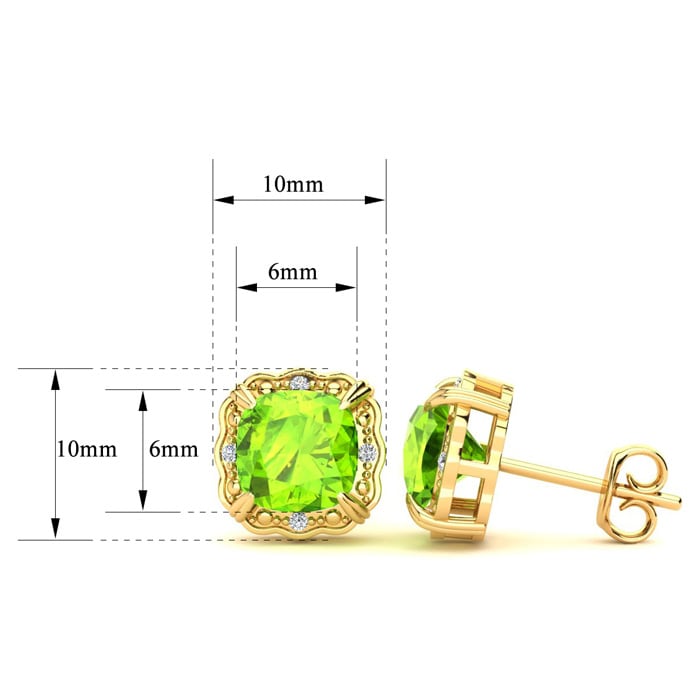 2ct Cushion Cut Peridot and Diamond Earrings in 10k Yellow Gold