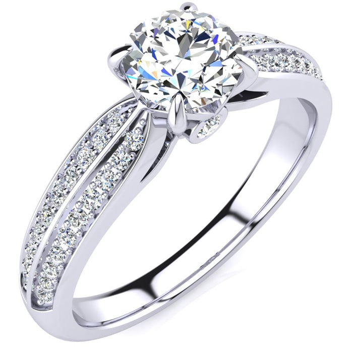 1 Carat Diamond Engagement Ring In 14K White Gold, 3/4 Carat Center Diamond, H-I I1-I2