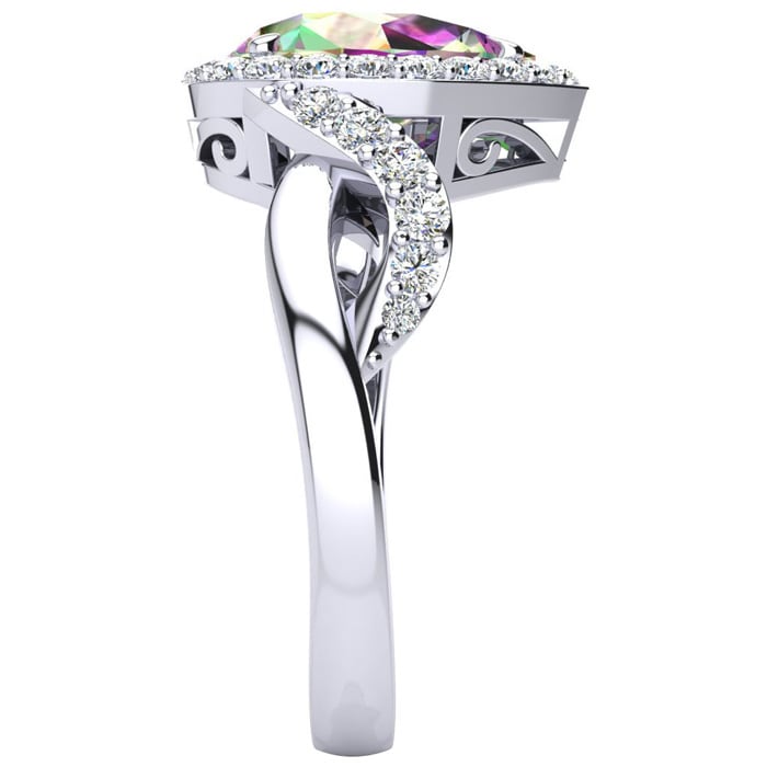 2-1/2ct Pear Shape Mystic Topaz Ring With Diamond Halo In 14 Karat White Gold