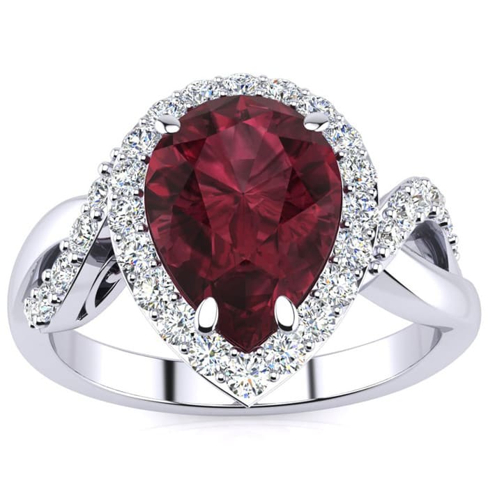 Garnet Ring: Garnet Jewelry: 2 1/2ct Pear Shape Garnet and Diamond Ring in 14K White Gold
