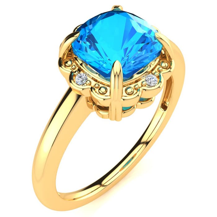 2ct Cushion Cut Blue Topaz and Diamond Ring in 10k Yellow Gold