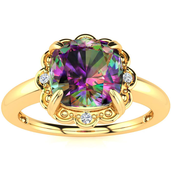 2 Carat Cushion Shape Mystic Topaz Ring With Diamonds in 10 Karat Yellow Gold