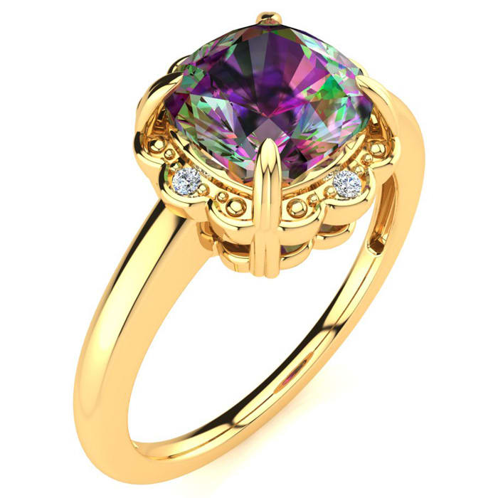 2 Carat Cushion Shape Mystic Topaz Ring With Diamonds in 10 Karat Yellow Gold