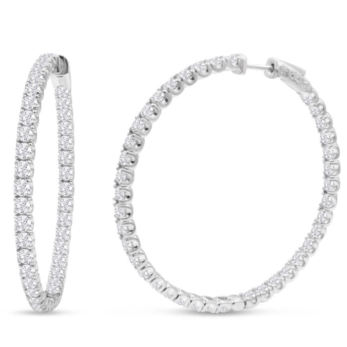 14K White Gold 8 Carat Diamond Inside Out Hoop Earrings, 2 Inches