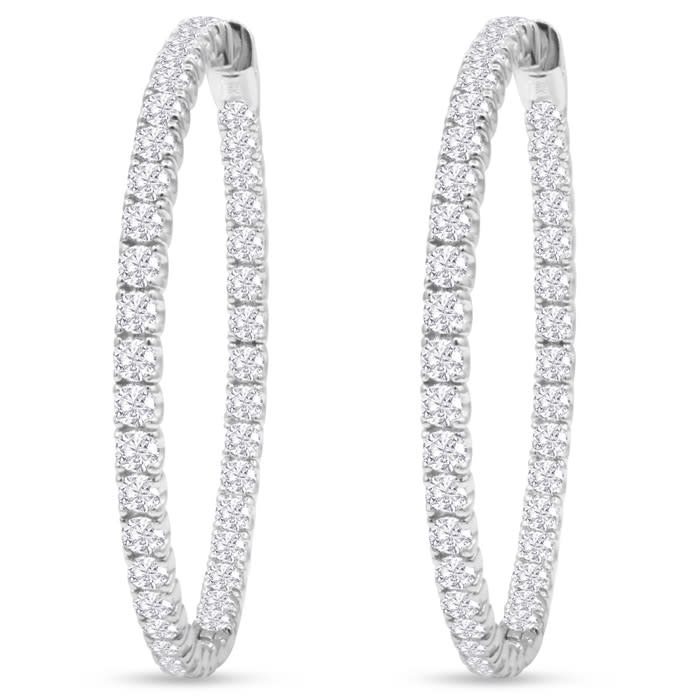 14K White Gold 8 Carat Diamond Inside Out Hoop Earrings, 2 Inches