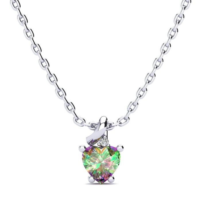 1/2 Carat Heart Shape Mystic Topaz Necklace And Diamond In 10 Karat White Gold, 18 Inches