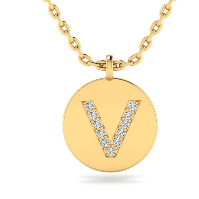 Letter V Diamond Initial Necklace In 14K Yellow Gold With 11 Diamonds