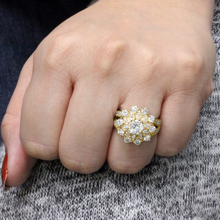 14K Yellow Gold 3 Carat Diamond Flower Ring, With 3/4 Carat Center Diamond
