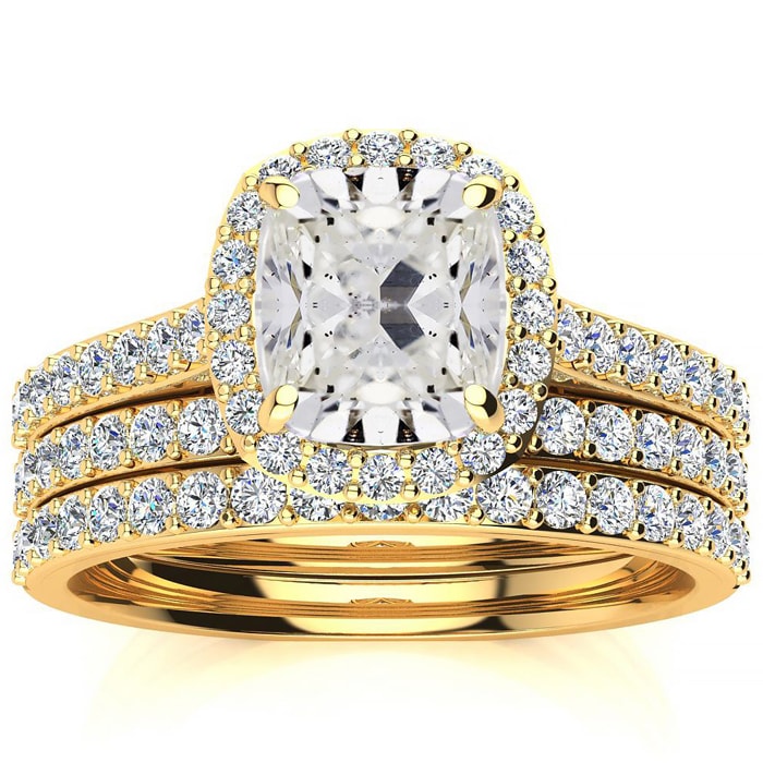 3 Carat Cushion Cut Halo Diamond Bridal Set in 14 Karat Yellow Gold