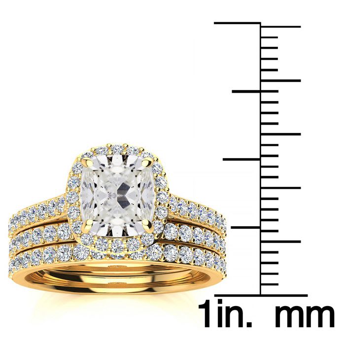 3 Carat Cushion Cut Halo Diamond Bridal Set in 14 Karat Yellow Gold
