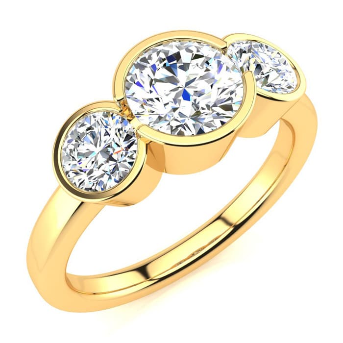 2 1/4 Carat Bezel Set Three Stone Diamond Ring In 14K Yellow Gold