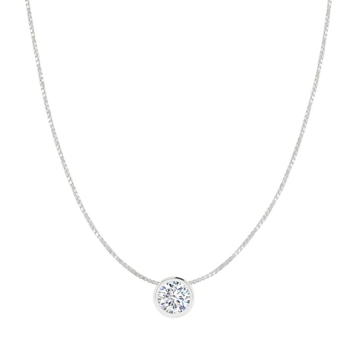 1/3 Carat Bezel Set Diamond Solitaire Necklace in 14K White Gold, 18 Inches