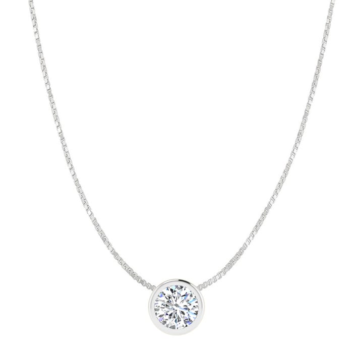 1 Carat Bezel Set Diamond Solitaire Necklace in 14K White Gold, 18 Inches