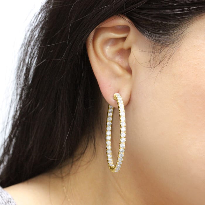 14K Yellow Gold 8 Carat Diamond Inside Out Hoop Earrings, 2 Inches