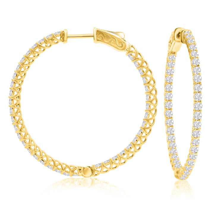 2 Carat Crystal Hoop Earrings In 14K Yellow Gold Over Sterling Silver, 1 1/2 Inches