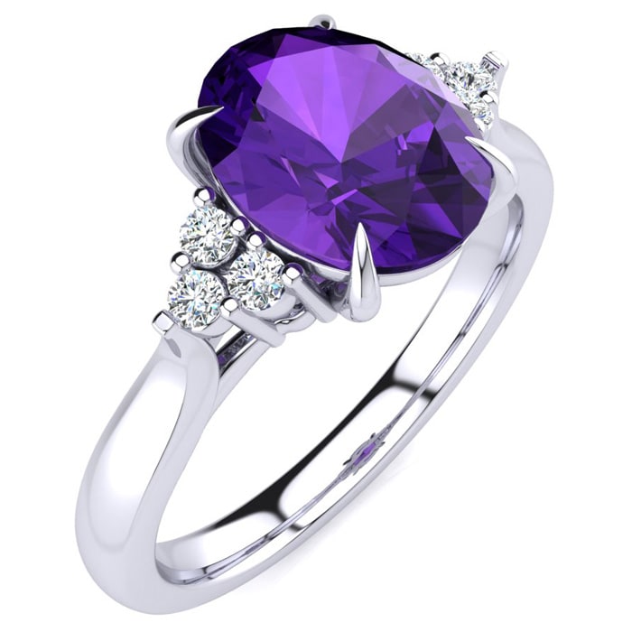 1 1/2 Carat Oval Shape Amethyst and Diamond Ring In 14K White Gold