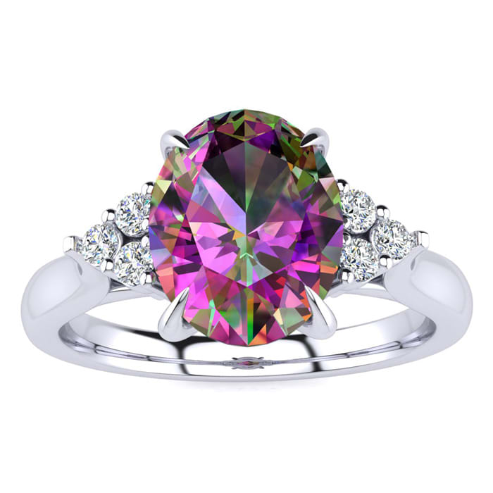 2-1/4 Carat Oval Shape Mystic Topaz Ring and Six Diamonds In 14 Karat White Gold