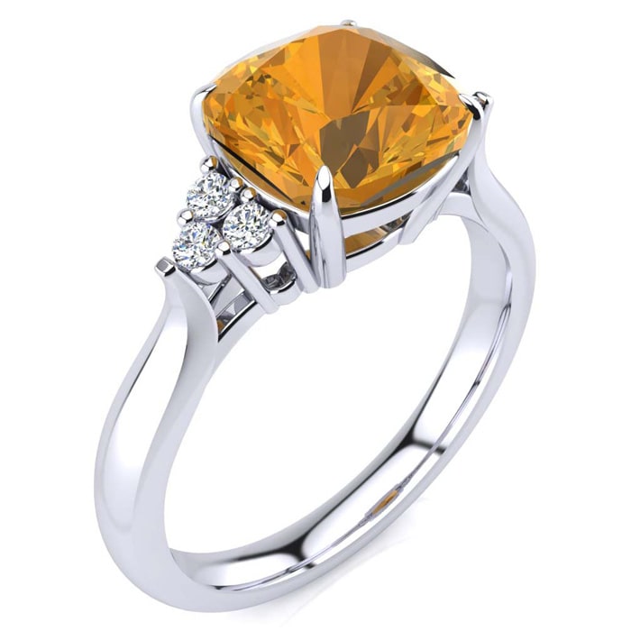 2 1/5 Carat Cushion Cut Citrine and Diamond Ring In 14K White Gold
