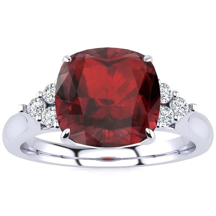 Garnet Ring: Garnet Jewelry: 3 1/3 Carat Cushion Cut Garnet and Diamond Ring In 14K White Gold
