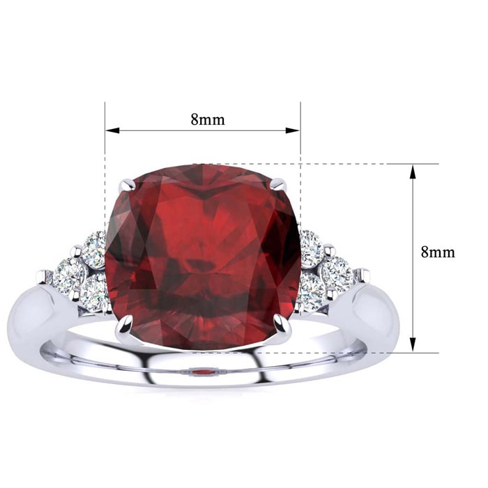 Garnet Ring: Garnet Jewelry: 3 1/3 Carat Cushion Cut Garnet and Diamond Ring In 14K White Gold