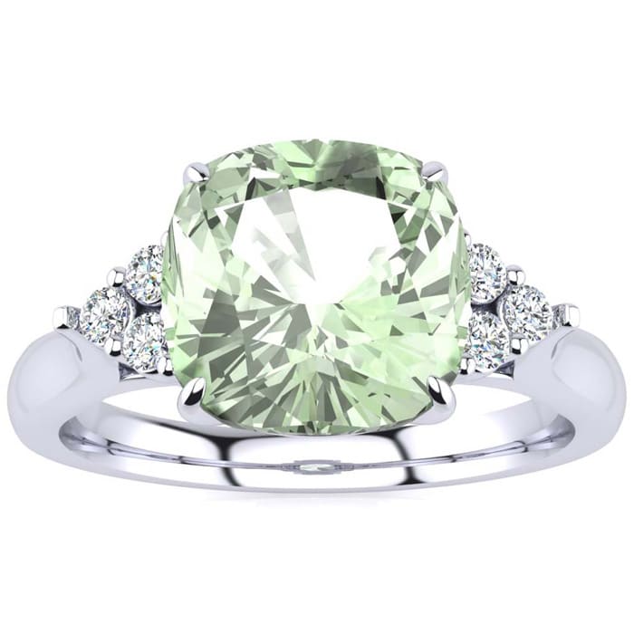 2 1/5 Carat Cushion Cut Green Amethyst and Diamond Ring In 14K White Gold