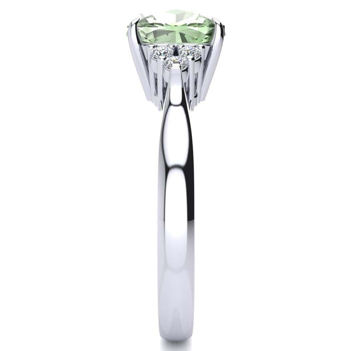 2 1/5 Carat Cushion Cut Green Amethyst and Diamond Ring In 14K White Gold
