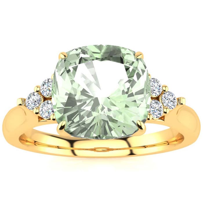 2 1/5 Carat Cushion Cut Green Amethyst and Diamond Ring In 14K Yellow Gold