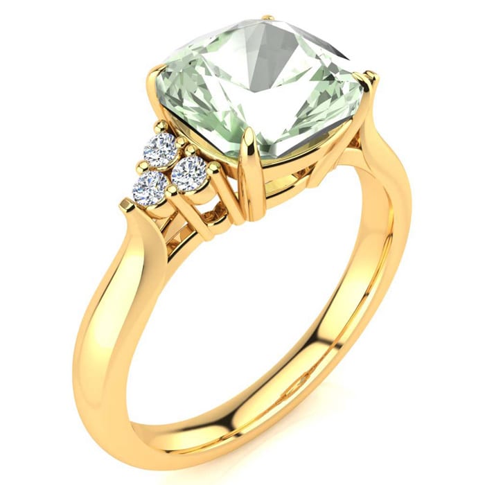 2 1/5 Carat Cushion Cut Green Amethyst and Diamond Ring In 14K Yellow Gold