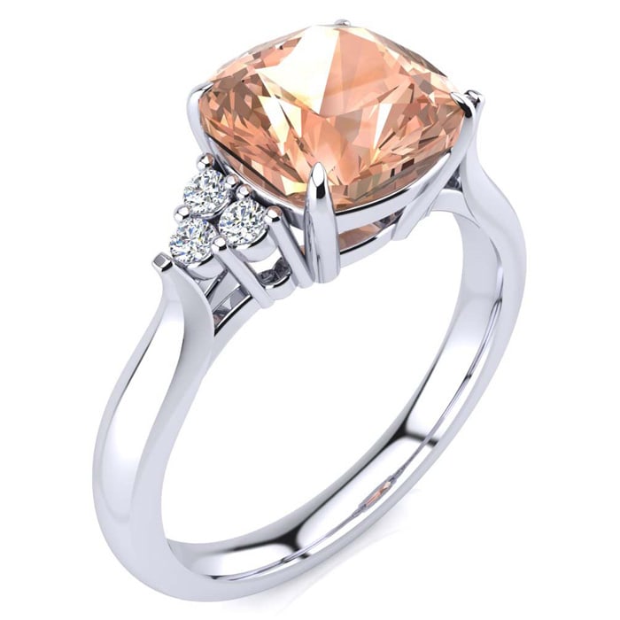 3-1/5 Carat Cushion Cut Morganite and Diamond Ring In 14K White Gold