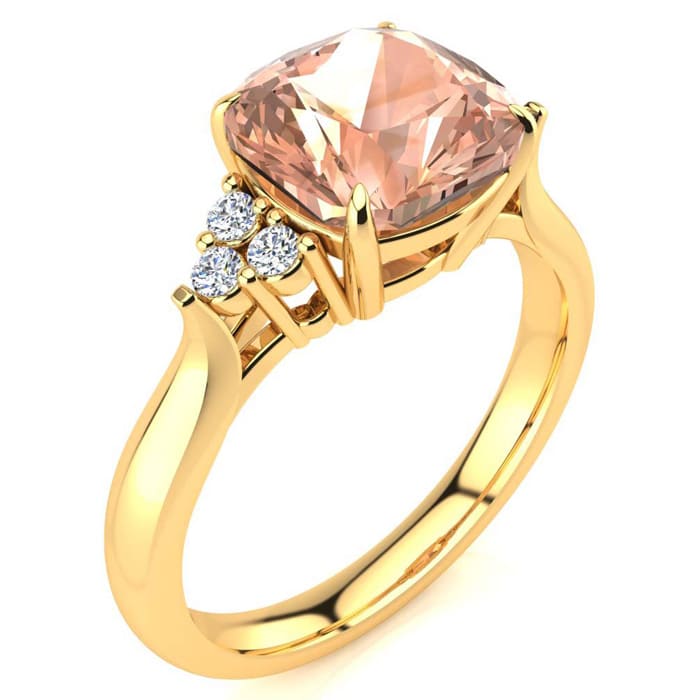 3-1/5 Carat Cushion Cut Morganite and Diamond Ring In 14K Yellow Gold