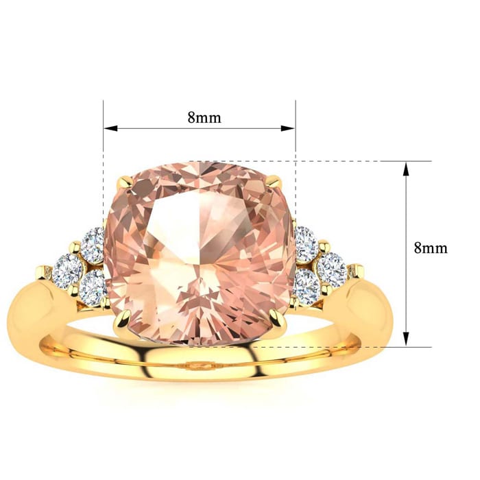 3-1/5 Carat Cushion Cut Morganite and Diamond Ring In 14K Yellow Gold