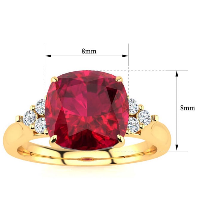 3 1/5 Carat Cushion Cut Ruby and Diamond Ring In 14K Yellow Gold