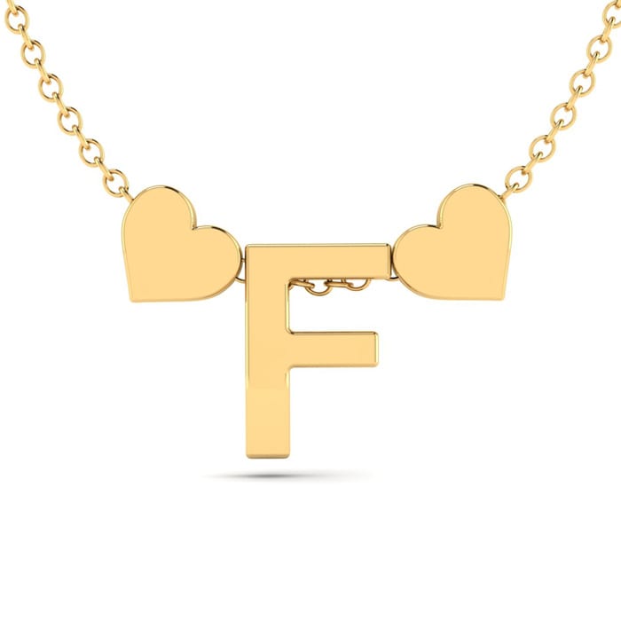 "F" Dainty Block Initial Necklace With Hearts In Gold Overlay, All Letters Available, Free 17 Inch Cable Chain