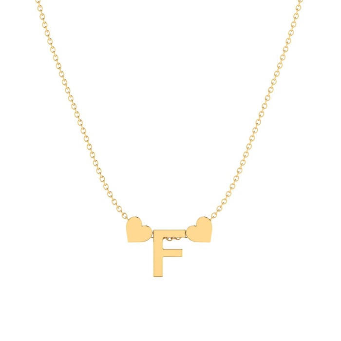 "F" Dainty Block Initial Necklace With Hearts In Gold Overlay, All Letters Available, Free 17 Inch Cable Chain