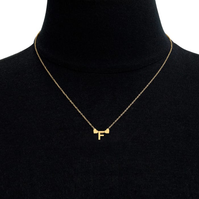 "F" Dainty Block Initial Necklace With Hearts In Gold Overlay, All Letters Available, Free 17 Inch Cable Chain