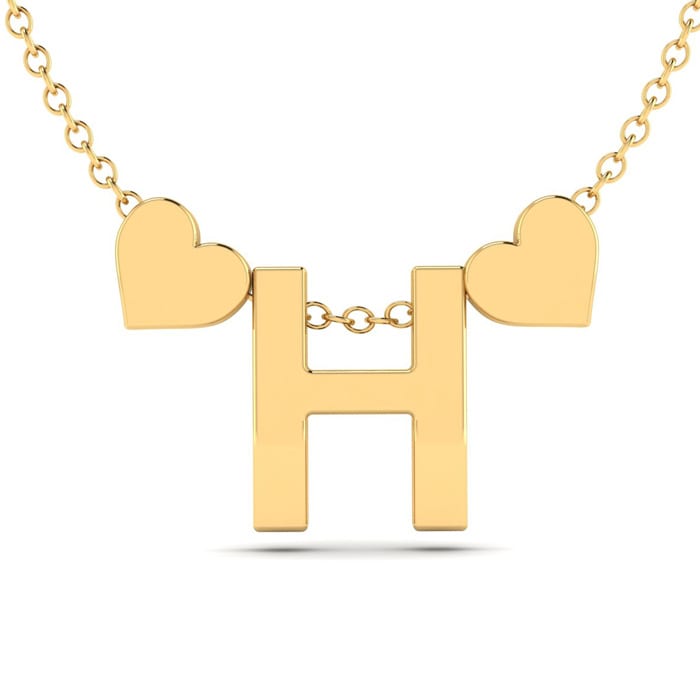 "H" Dainty Block Initial Necklace With Hearts In Gold Overlay, All Letters Available, Free 17 Inch Cable Chain