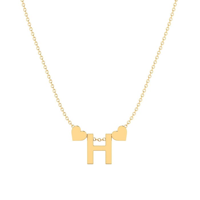 "H" Dainty Block Initial Necklace With Hearts In Gold Overlay, All Letters Available, Free 17 Inch Cable Chain