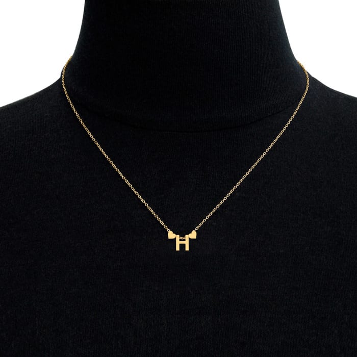 "H" Dainty Block Initial Necklace With Hearts In Gold Overlay, All Letters Available, Free 17 Inch Cable Chain