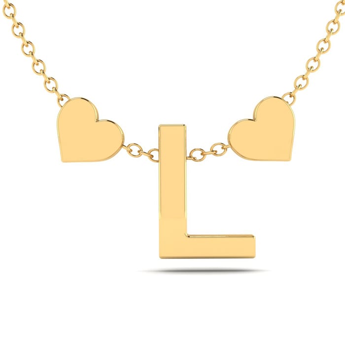 "L" Dainty Block Initial Necklace With Hearts In Gold Overlay, All Letters Available, Free 17 Inch Cable Chain
