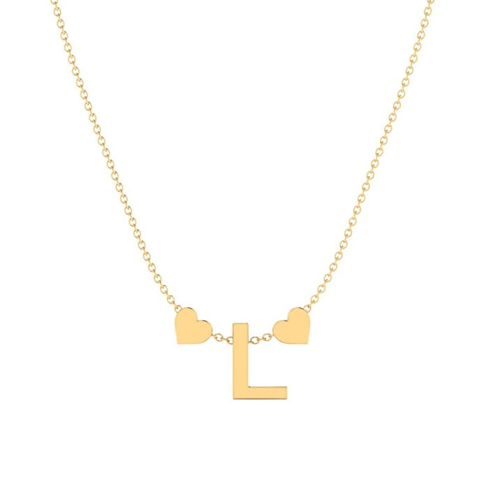 "L" Dainty Block Initial Necklace With Hearts In Gold Overlay, All Letters Available, Free 17 Inch Cable Chain