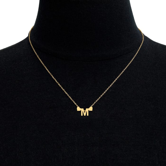 "M" Dainty Block Initial Necklace With Hearts In Gold Overlay, All Letters Available, Free 17 Inch Cable Chain