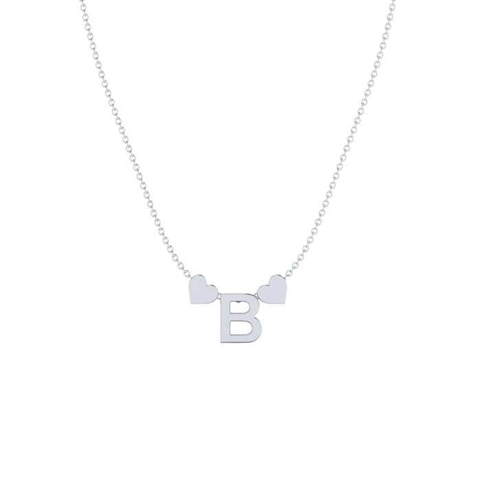 "B" Dainty Block Initial Necklace With Hearts In White Gold Overlay, All Letters Available, Free 17 Inch Cable Chain