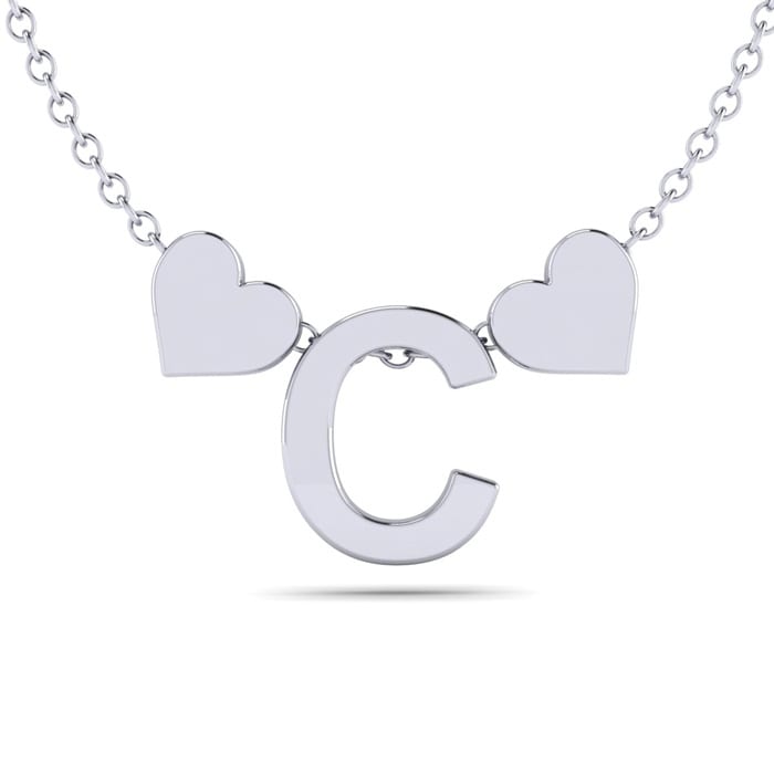 "C" Dainty Block Initial Necklace With Hearts In White Gold Overlay, All Letters Available, Free 17 Inch Cable Chain