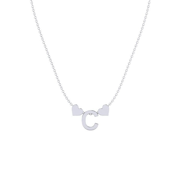 "C" Dainty Block Initial Necklace With Hearts In White Gold Overlay, All Letters Available, Free 17 Inch Cable Chain