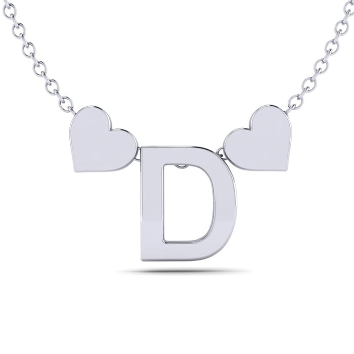 "D" Dainty Block Initial Necklace With Hearts In White Gold Overlay, All Letters Available, Free 17 Inch Cable Chain