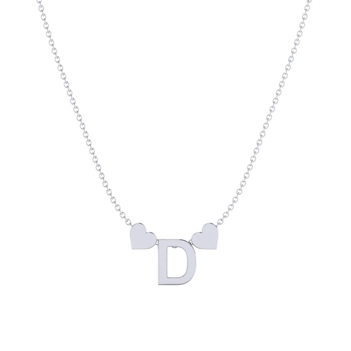 "D" Dainty Block Initial Necklace With Hearts In White Gold Overlay, All Letters Available, Free 17 Inch Cable Chain