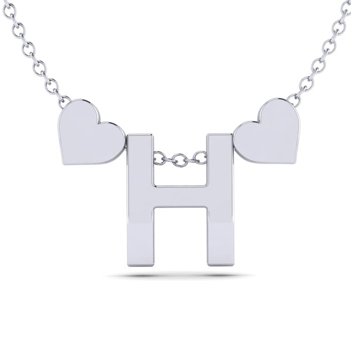 "H" Dainty Block Initial Necklace With Hearts In White Gold Overlay, All Letters Available, Free 17 Inch Cable Chain