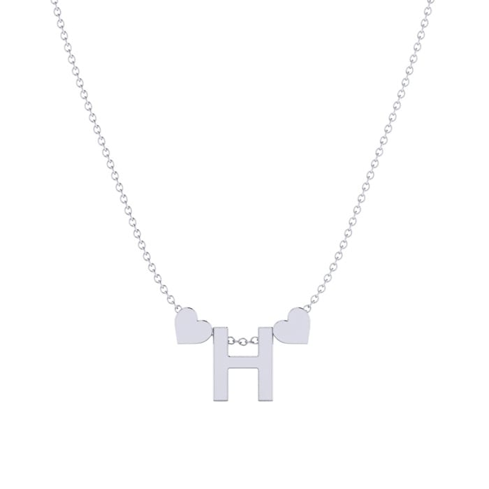 "H" Dainty Block Initial Necklace With Hearts In White Gold Overlay, All Letters Available, Free 17 Inch Cable Chain