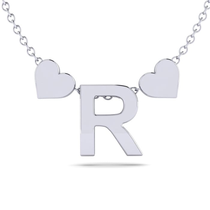 "R" Dainty Block Initial Necklace With Hearts In White Gold Overlay, All Letters Available, Free 17 Inch Cable Chain