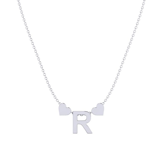"R" Dainty Block Initial Necklace With Hearts In White Gold Overlay, All Letters Available, Free 17 Inch Cable Chain